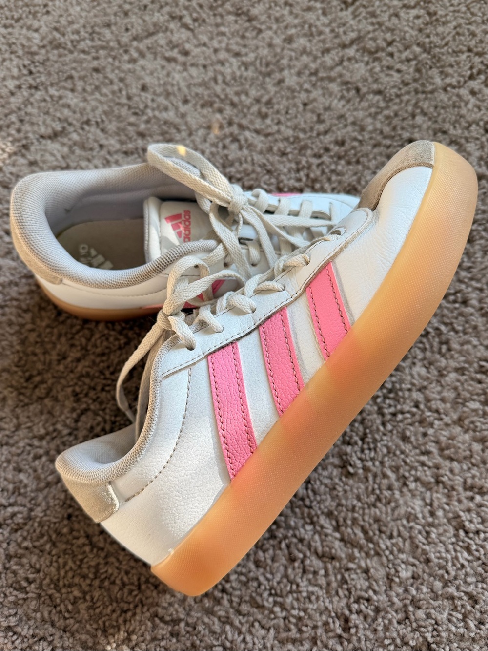 adidas Kids White Sneakers with Pink Three Stripes